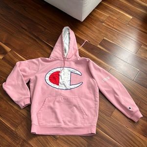 CHAMPION X SUPREME COLLAB PINK HOODIE SIZE MEDIUM SATIN APPLIQUÉ FLAW